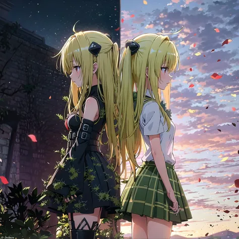 back-to-back, blonde hair, from side, (hair ornament) ADDCOMM masterpiece, best quality, outdoors, <lora:toloveall_V2:0.8> ADDBASE
konjiki no yami, 1girl, dress, detached sleeves, thigh strap, thistles and thorns, dark light, dark sky, night ADDCOL
(konjiki no yami), 1girl, school uniform, sweater vest, plaid skirt, blue sky, sunlight
