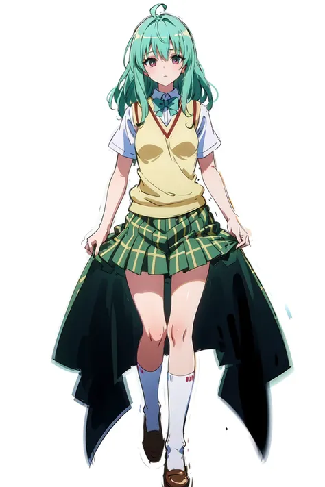 masterpiece, best quality, luen, 1girl, solo, school uniform, sweater vest, plaid skirt, standing, full body, (white background:1.3), <lora:toloveall_V2-000006:0.8>