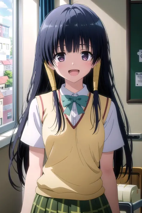 masterpiece, best quality, shizu, 1girl, blunt bangs, school uniform, sweater vest, plaid skirt, :d, classroom, looking at viewer, <lora:toloveall_V2-000006:0.8>