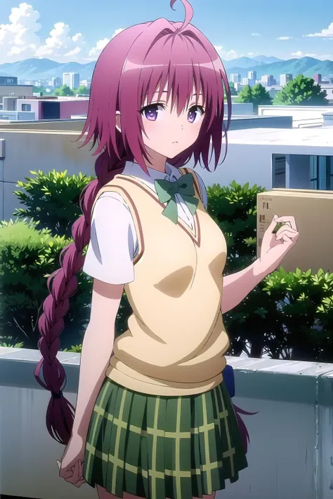 (masterpiece, best quality:1.2),illustration,8k,hd,1girl,solo,upper body,smile,short_hair,long_hair,blue_eyes,hair_ornament,bow,school_uniform,braid,ahoge,red_hair,bowtie,green_bow,skirt,shirt,very_long_hair,short_sleeves,pleated_skirt,shoes,socks,plaid_skirt,hair_bobbles,green_skirt,sweater_vest,loafers,