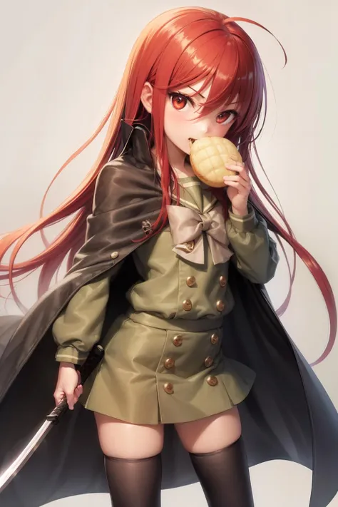 masterpiece, best quality, <lora:shana:1>,shana, 1girl, long hair, weapon, sword, thighhighs, red hair, bread, melon bread, food, school uniform, red eyes, pendant, solo, jewelry, alastor (shakugan no shana), mouth hold, fire, serafuku, cape, zettai ryouiki, very long hair, katana, black thighhighs, coat, ahoge, food in mouth,grey background,