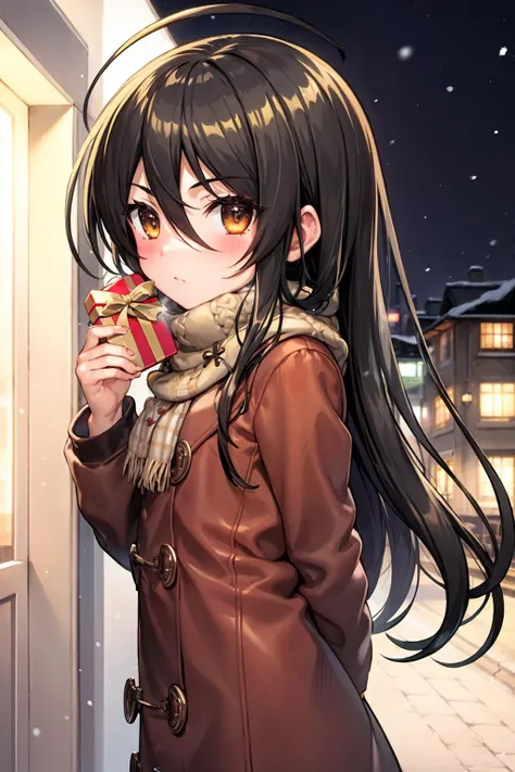 masterpiece, best quality, <lora:shana:1>,outdoors,snow,night,1girl, solo, long hair, shana, blush, scarf, looking at viewer,brown eyes, plaid, black hair, plaid scarf, hair between eyes, sweater, very long hair, holding, ahoge, long sleeves, bangs, closed mouth, red scarf, pink sweater, upper body, cable knit, shiny, shiny hair, gift, aran sweater, box, arms behind back, floating hair, holding gift, standing, gift box, valentine, brown hair, from side, coat