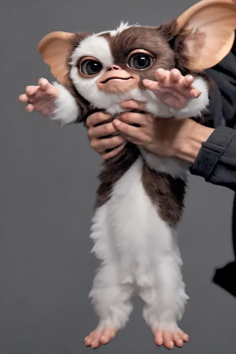 gizmo <lora:Gizmo:0.5> <lora:LongcatMemeSolo:1> IncrsLcmSolo gray background, wide angle