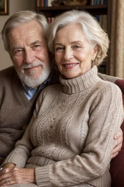 one man and one woman, old couple sitting on couch, cuddling, intimate moment, livingroom, very detailed, ultra realistic, hdr, 8k, high resolution, high quality, 35mm, Canon 5D, romantic athmosphere, dim light creating a calm and safe surrounding, detailed skin, visible pores, realistic skin,
BREAK
one old man, Italian, age 85, wise and experienced facial expression, beard, sweet-tempered smile, wearing cozy knitted sweater, detailed eyes, detailed face,
BREAK
one old woman, German, age 80, detailed eyes, detailed face, wearing cozy knitted sweater, beautiful smile, <lora:ReaLora:0.5> <lora:detail_slider_v4:2>