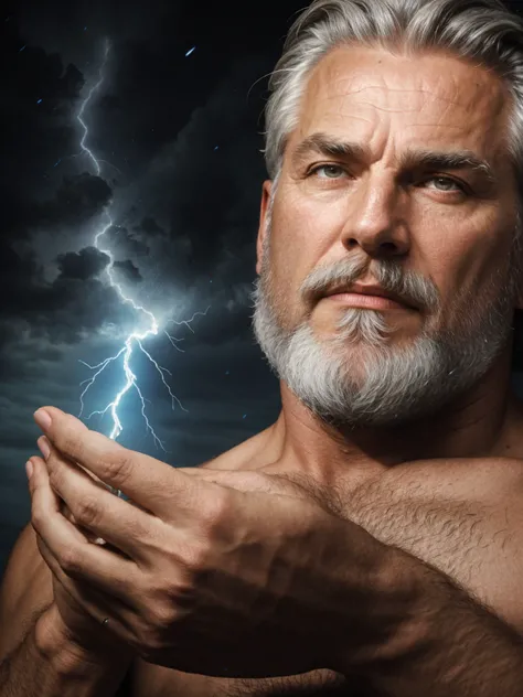 Zeus is the god of thunder and Lightning, 1185 years old man, bearded, gray-haired, pumped up, in the clouds holding lightning in his hands,highly detailed retina, realistic retina, (best quality, masterpiece:1.2), 8k detailed cgi render, adult jewish man, portrait, solo, looking at viewer, detailed background, detailed face, bright lighting, ethereal atmosphere <lora:ReaLora:0.7>