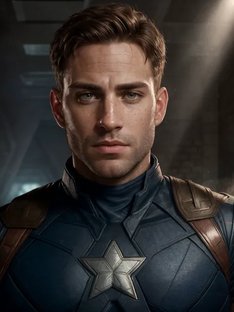 (best quality, masterpiece:1.2), 8k detailed cgi render, thick outlines, strong shadows, adult jewish men, freckles, brown eyes, portrait, solo, upper body, looking at viewer, detailed background, detailed face, (glowing eyes:1.05),a men 35 yo in the suit Captain america by marvel, bright lighting, ethereal atmosphere, background ice ,freezing , fog of cold <lora:ReaLora:0.7>