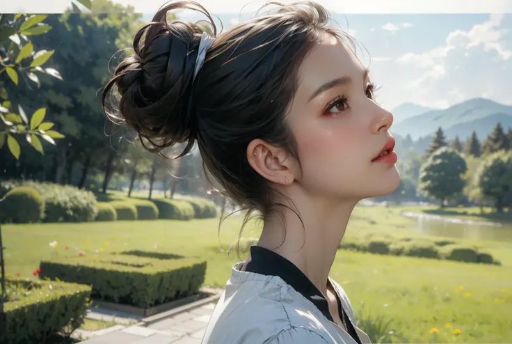 1girl, profile, Japanese, Oval face shape, Confusion, looking up, Hazel eyes, Brunette Updo hairstyle, (Plump:0.7), (small breasts:0.9), Gray Jersey Satin camisole, Silver Twill Wide-leg pants, Boat shoes, nice hands, perfect hands, high detail skin, real skin, skin texture, An endless meadow of soft, green grass where souls gather in joyful unity, Fast Autofocus, f/1.4, Shutter Speed 1 sec, ISO12800, White Balance Cloudy, Exposure Compensation "-2.0 EV", Aperture Priority Shooting Mode, Leading Lines, focus Mode Single, Partial Metering, Crystalline Clarity, <lora:GoodHands-beta2:1> <lora:ReaLora:0.5> <lora:more_details:0.3>