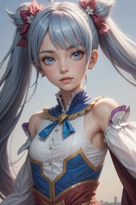 studio portrait,upper body,1girl, cure sky,dress, twintails, gradient hair, ahoge, blunt bangs, head wings, fingerless gloves, white shirt, puffy detached sleeves, cape, thighhighs, blue legwear, gem, single earring,<lora:locon_cure_sky_1:0.7>, <lora:add_detail:0.5>,<lora:ReaLora:0.5>