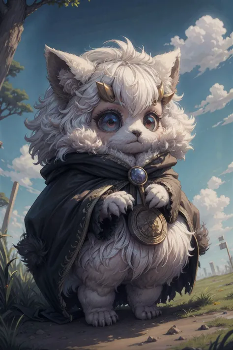 small round fluffy creature, big pointy ears, short paws, wearing cloak, sharp fangs, detailed big eyes, <lora:Loha_PchtV1:0.7>,pcht, <lora:add_detail:0.5>,<lora:ReaLora:0.5>