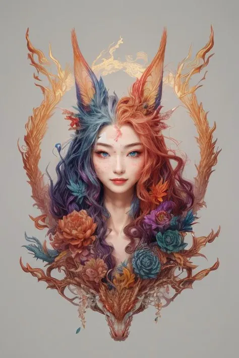 1girl, animal, biting, black hair, blood, blue eyes, blue hair, blush, brown hair, facial mark, facial tattoo, forehead mark, fox mask, holding mask, jewelry, long hair, looking at viewer, mask, mask on head, mask removed, parted lips, red background, short hair, smile, solo, star \(symbol\), star hair ornament, starry background, string, string of fate, upper body