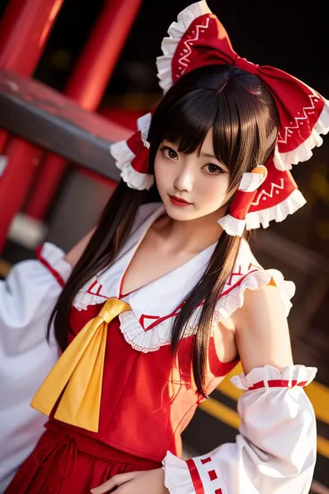 最high quality、high quality、Best image quality、8k、最High resolution、High resolution、最high quality、masterpiece、RAW Photos、whole body写真、Detailed and realistic human body、Detailed and realistic skin、Realistic face in every detail、Realistic reproduction of every detail、Detailed and realistic lips、Detailed and realistic teeth、Detailed and realistic ears、Detailed and realistic hair、Detailed and realistic weapons、Realistic reproduction of every detail、Realistic fingers in every detail、(Beautiful Hands、thumb1reference4)、Realistic feet down to the last detail、((Beautiful Japanese Girl))、(Japanese Model), (Japanese women)、((18 year old beautiful girl))、((Oriental Project(A girl resembling the divine spirit Reimu)、(Black Hair)、(Random Hairstyles))、((whole body))、((Beautiful upward-facing breasts))、(Slim and perfect figure)、(whole body光沢肌、Fair skin)、(Soft natural light)、Japanese tradition、Japanese garden、((Oriental Projectのコスプレ衣裳(A girl imitating Reimu Kanrei))、((Skin-tight see-through costume))、((Relax in the garden(Poses to make your thighs look beautiful))