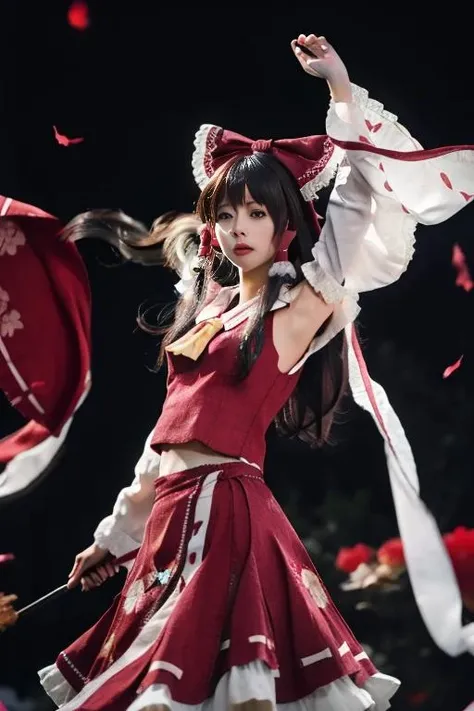 best quality, masterpiece, real,realistic, photo,photorealistic,looking at viewer,
1girl, beautifly face,hakurei reimu \(cosplay\), miko,
magic circle, dynamic pose,floating,mid air,depression,dim light,rim light,moody lighting,expressionless,arms up,from below,red flower,print,pattern,
<lora:hakurei reimu cosplay_728_V3_07:0.6>