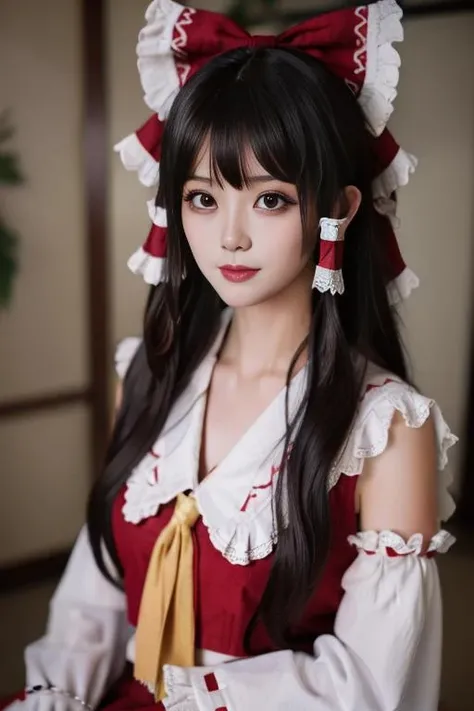 best quality, masterpiece, real,realistic, photo,photorealistic,cowboy shot,looking at viewer,
1girl, beautifly face,hakurei reimu \(cosplay\), miko,indoors, sitting, shouji,
<lora:hakurei reimu cosplay_728_V3_07:0.6>