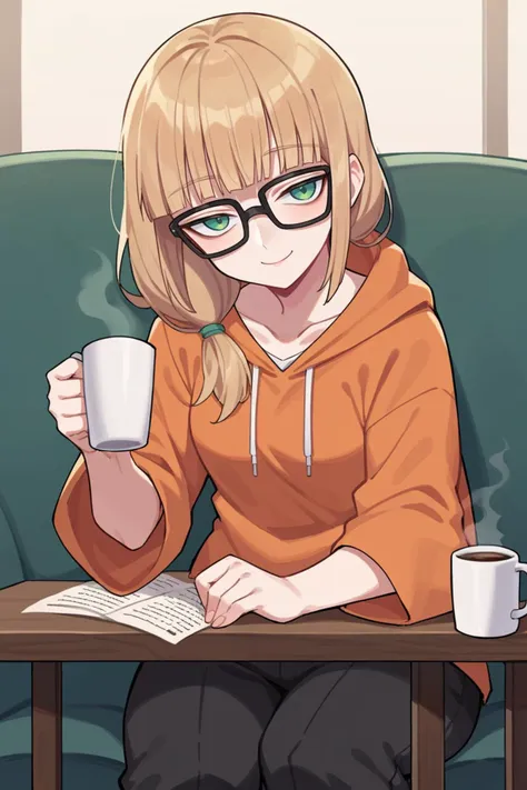 score_9, score_8_up, score_7_up, score_6_up, source_anime, BREAK 1girl <lora:pkmnoleana-pdxl-nvwls-v1-000005:1> pastOleana, blunt bangs, tied hair, hair over shoulder, glasses, orange hoodie, oversized clothes, black pants, table, chair, coffee mug, smile, looking at you, happy