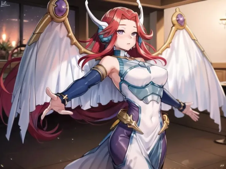 Masterpiece, high res, femboy, long pink hair, purple eyes, wearing magical girl clothing, thicc thighs,, long white leggings, {angel boy armour}, close up