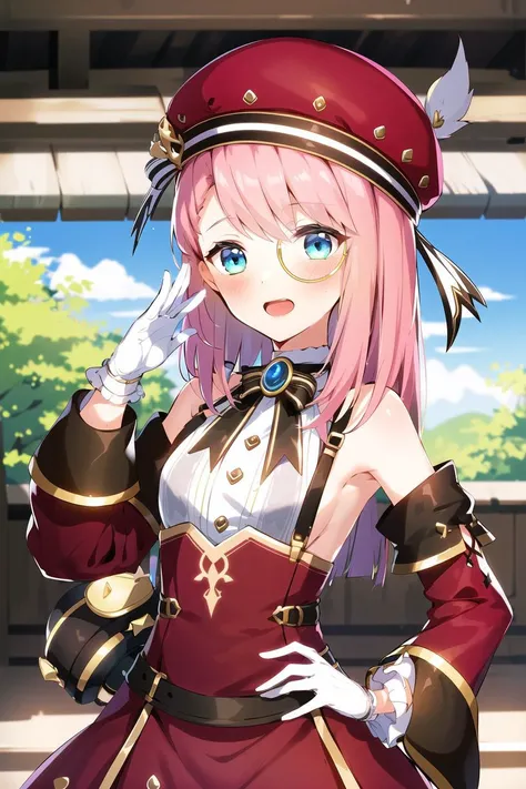 ((masterpiece,best quality)),high resolution, highly detailed, detailed background, perfect lighting,detailed beautiful eyes,1girl,solo,embarrassed,blush,look at viewer,steam,sweat,in heat,confused,watery eye,(cum on armpits:1.2),(show off armpits,upper body:1.1),open mouth,upward glance,wavy mouth,open mouth,confused,tear,charlotteid, pink hair, hat, gloves, monocle, bare shoulders, green eyes, long sleeves, short hair, detached sleeves, skirt
