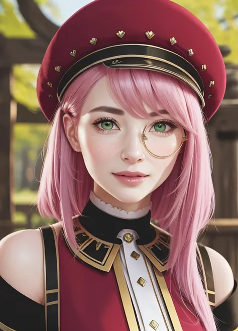 <lora:charlotte_v1:0.8> charlotte, 1girl, hat, medium_hair, monocle, pink_hair, solo, green_eyes, gloves, red_jacket, long_sleeves, off_shoulder, shirt, (masterpiece, best quality:1.4), (modern days), (cowboy shot), 1girl, solo, pov, sfw, stunning girlfriend, (standing:1.1), dynamic pose, heart shaped face, elegant face, beautiful face, highly detailed face, highly detailed skin, skin pores, subsurface scattering, realistic pupils, medium breast, loving smile, looking at viewer, full face blush, full lips, detailed background, depth of field, atmospheric perspective, volumetric lighting, sharp focus, absurdres, realistic proportions, good anatomy, (realistic, hyperrealistic:1.4), 16k hdr,