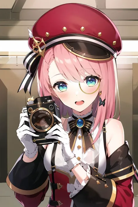 1girl, bare_shoulders, beret, blush, camera, detached_sleeves, gloves, hat, holding, holding_camera, long_sleeves, looking_at_viewer, medium_hair, monocle, open_mouth, pink_hair, pink_headwear, ribbon, steampunk, upper_body, white_gloves
from side
<lora:charlotte_v1:1:MIDD>