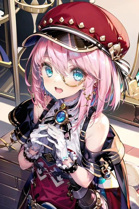 upper body, looking at viewer, from above
1girl, bare_shoulders, blush, gloves, hat,looking_at_viewer, medium_hair, monocle, open_mouth, pink_hair, pink_headwear, ribbon, steampunk, white_gloves
(tshirt:1.3), shorts,
hands on hips,
<lora:charlotte_v1:1:OUTALL> <lora:add_detail:0.4> <lora:hongbsws_v2.8:1>