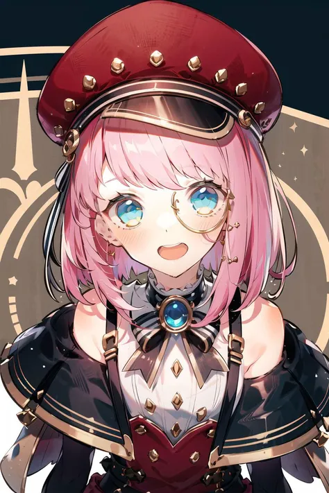 upper body, looking at viewer, from above
1girl, bare_shoulders, blush, gloves, hat,looking_at_viewer, medium_hair, monocle, open_mouth, pink_hair, pink_headwear, ribbon, steampunk, white_gloves
school uniform, serafuku, wariza
peace sign,
<lora:charlotte_v1:1:OUTALL> <lora:add_detail:0.4> <lora:lohaLoconLoraUekuraEku_lohaV10:1>