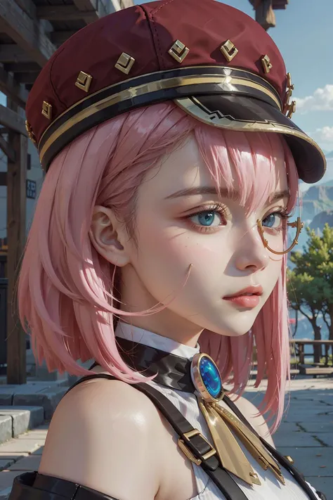 <lora:charlotte:0.8>, charlotte_\(genshin\), charlotte (genshin impact), hat, red headwear, monocle, white_gloves, red_jacket, long_sleeves, off_shoulder, shirt, bare shoulders,
1girl,solo, short hair,realistic, pink hair,lips,profile,portrait,closed mouth,nose,from side, best quality, masterpiece, illustration, an extremely delicate and beautiful, extremely detailed ,CG,unity,8k wallpaper, Amazing, finely detail, masterpiece, best quality,official art,extremely detailed CG unity 8k wallpaper,absurdres, incredibly absurdres, huge filesize , ultra-detailed, highres, extremely detailed,beautiful detailed girl, extremely detailed eyes and face, beautiful detailed eyes,light on face,
outdoors, medieval, france, lake, mountains, outside, day