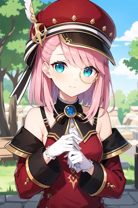 best quality,masterpiece, high res,original, beautiful detailed eyes,ultra-detailed, 1girl, charlotte, hat, medium_hair, monocle, pink_hair, solo, green_eyes, gloves, red_jacket, long_sleeves, off_shoulder, shirt, looking_at_viewer,
<lora:charlotte_v1:0.7>