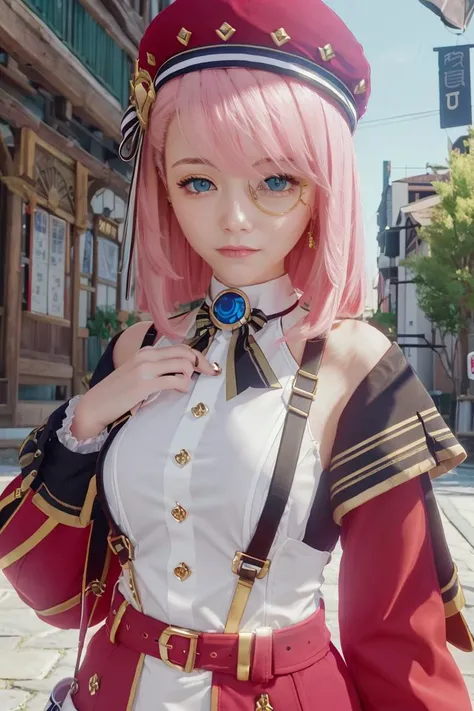 best quality,masterpiece, high res,original, beautiful detailed eyes,ultra-detailed, (charlotte_\(genshin\)), 1girl, hat, red headwear, monocle, pink_hair, white_gloves, red_jacket, long_sleeves, off_shoulder, shirt, bare shoulders, <lora:charlotte-000013:0.9>