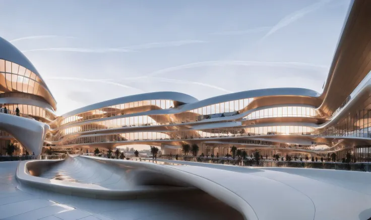 best quality, masterpiece, people, clear sky, sunset or dawn,city center, rain, zaha hadid, curve, flow