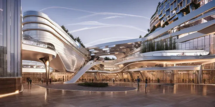 best quality, masterpiece, people, clear sky, sunset or dawn,city center, rain,curve, flow, zaha hadid