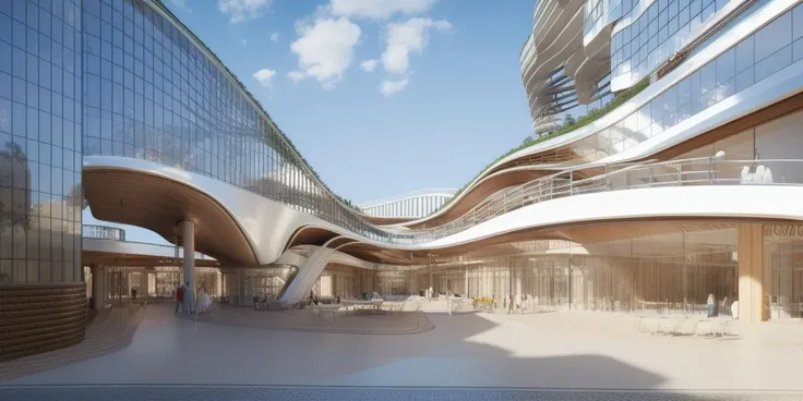 best quality, masterpiece, people, clear sky, day time,city center, rain, zaha hadid, curve, flow
