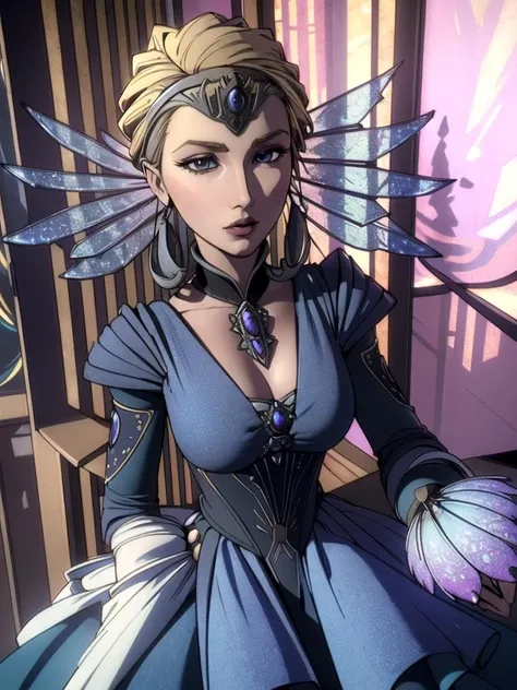 (best quality, masterpiece, beautiful and aesthetic:1.2, colorful, dynamic angle, highest detailed face) 1girl,solo, satinekryze, blonde hair, blue dress, tiara, glass petals behind head, puffy sleeves,<lora:satinekryze:0.8>(high contrast, official art, extreme detailed, highest detailed)