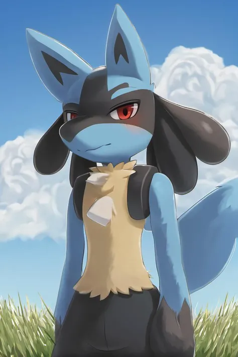 (Lucario, solo, detailed face, detailed eyes, looking away, detailed body, full body, paws, standing), (high quality, highly detailed, absurdres), (blue sky, cloud, grass, nature, outdoors, sky), <lora:Lucario_for_SDXL:1>