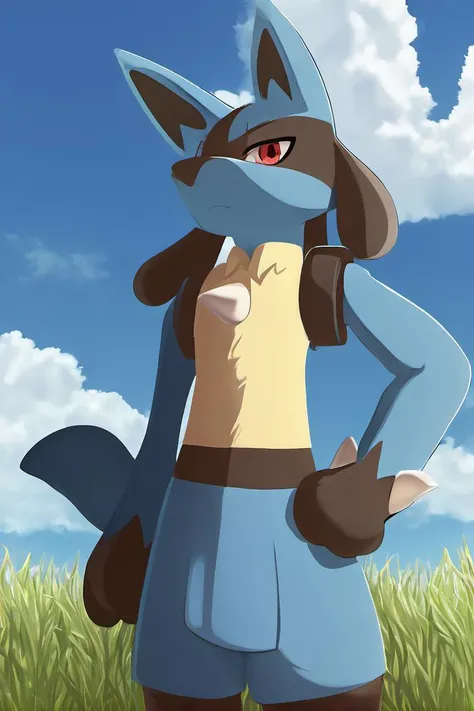 (Lucario, solo, detailed face, detailed eyes, looking away, detailed body, full body, paws, standing), (high quality, highly detailed, absurdres), (blue sky, cloud, grass, nature, outdoors, sky), <lora:Lucario_for_SDXL:1>