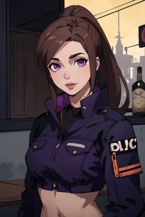 (best quality:1.1), (masterpiece:1.4), photorealistic, looking at viewer, upper body, , ligne claire, , 1girl, solo, <lora:claudia_synduality_noir:0.78>, claudia_synduality_noir, brown hair, purple eyes, , ponytail, cop costume, bar, HDR