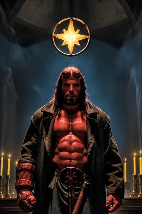1man, solo, photography, close up, portrait of muscular hellboy man with no horn wears coat jacket in middle of altar with group satanic devil worshipper at night, swirl of blue ghosts, dim light, rim light, yellow magic energy, blue aura, dramatics, realistic, ornate, low light, <lora:hellboylora:0.8> <lora:kVoidEnergy:0.4>