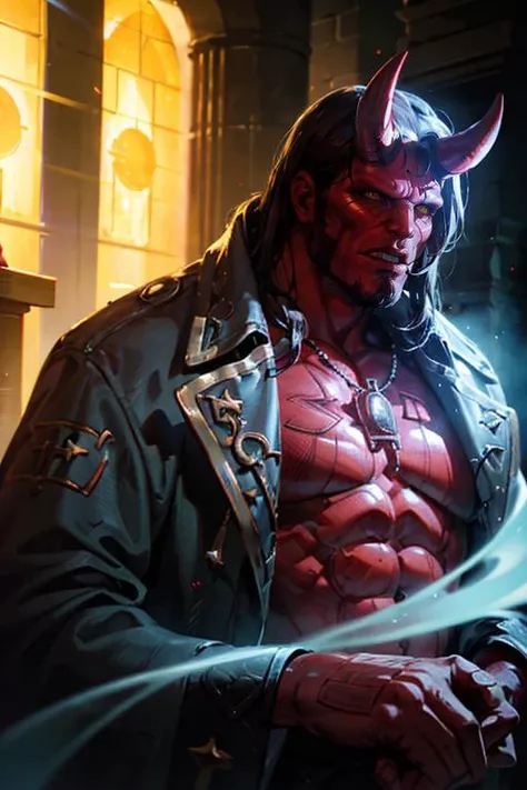 1man, solo, photography, close up, portrait of muscular hellboy man with no horn wears coat jacket in middle of altar with group satanic devil worshipper at night, swirl of blue ghosts, dim light, rim light, yellow magic energy, blue aura, dramatics, realistic, ornate, low light, <lora:hellboylora:0.8> <lora:kVoidEnergy:0.4>