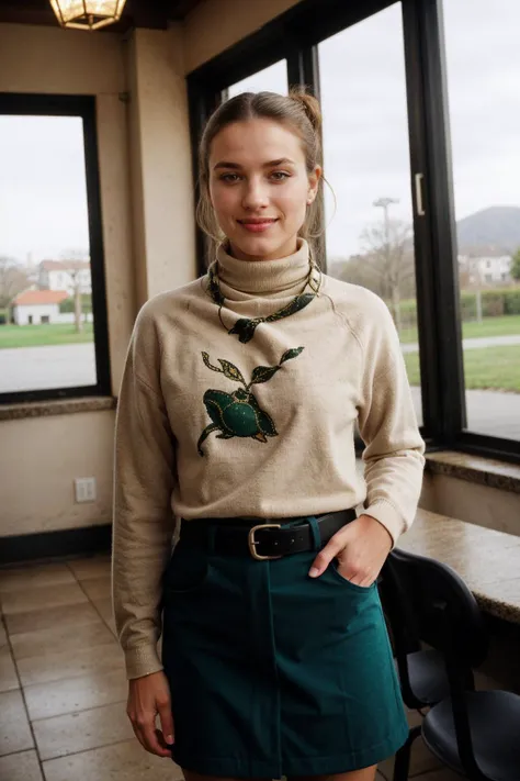 [professional::0.3][intricate:0.3:0.7][analog:0.7]-photography, woman, turtleneck, pencil in hair, solo, hair bun, single hair bun, green sweater, belt, smile, green skirt, standing, front of a classroom, year 1980,<lora:KodakGold200:0.5> film, gold200, kdkgld200, kodak, vintage, film grain, [film-grain:0.5], picture-perfect