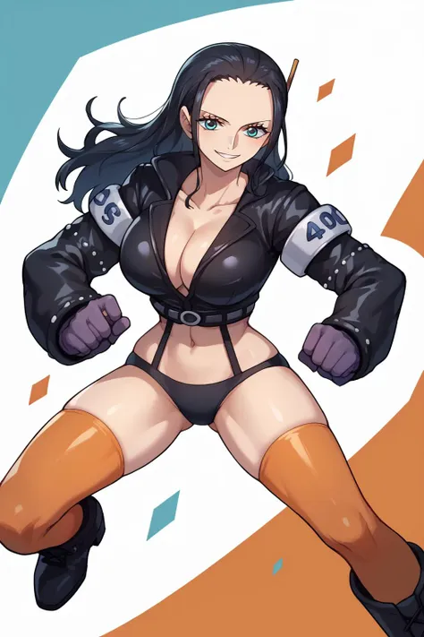 score_9, score_8_up, score_7_up, score_6_up, score_5_up, score_4_up, BREAK, source_anime, nico robin wearing a jacket with orange thighhighs and gigantic black boots, (nicoeh), blue eyes,  (black footwear), black hair slicked back, long hair, cleavage, large breasts, gloves, midriff, navel, black panties, smile, dynamic pose,
solo, looking at viewer, abstract background,  <lora:NicoRobinEggHeadXL:1>