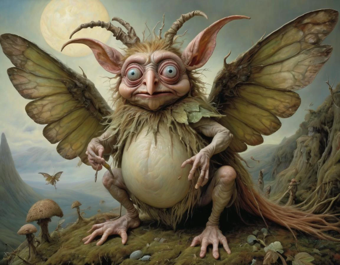 famous artwork by (wendy froud:1.4), detailed expressive eyes, fantasy style, the imposing lucky grouchscruffler horflunks with its voltrifying wings and the iconic hardened doover, the image shows it gleefully eggbreggeling on a dazzlefluff made of nopfdriggle amidst the surreal dreamscape of planet slurmsphere i
RAW photo, realistic texture, extremely detailed, absurdres, sharp focus, volumetric lighting, subsurface scattering