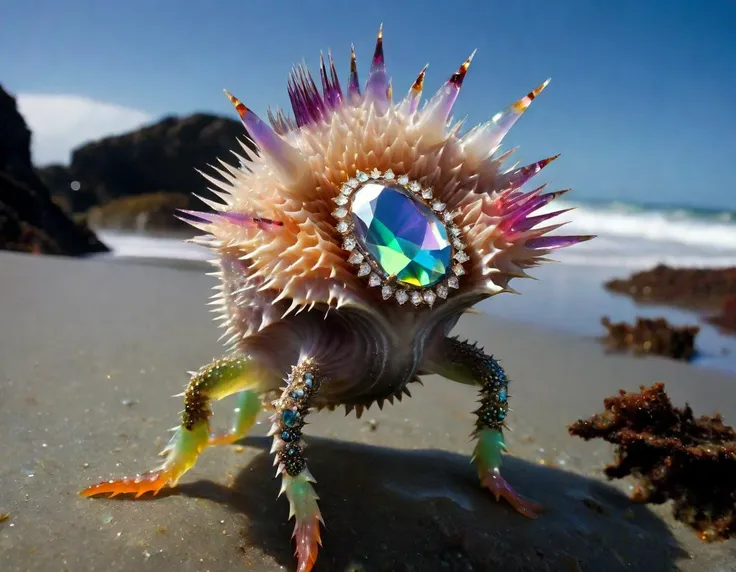 famous artwork by (dan frazier:1.4) and (magali villeneuve:1.1) and (winona nelson:1.2) and (jason engle:1.3), in the argeling intertidal zones of the vast oceans on planet thisoneismine, a diminutive, spiky-shelled creature with (colorful jewel-like iridescence:1.6), the dapper muddoodle, explores the otherworldly tide pools, hunting for astargled crankleplumb
RAW photo, realistic texture, extremely detailed, absurdres, sharp focus,  volumetric lighting, subsurface scattering