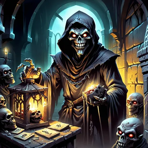 HDR, high resolution, extreme detail, 1undead vendor selling his ancient and powerful artefacts inside a corner of an old dungeon,smiling out of his dark hood,glowing eyes,<lora:DonMD4rkT00nXL:0.8>,DonMD4rkT00nXL,
