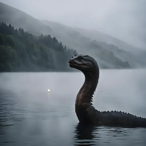 Photo of the Loch Ness monster, inside the Loch Ness, partially looks out of the water, creepy athmosphere, dangerous look, foggy, twilight, sdxl horror style, photograph, dslr, 8k, full shot, highly detailed, Canon Eos 5d, (Sharpdetails:1.5) . 35mm photograph, film, bokeh, professional . 35mm photograph, film, bokeh, professional, 4k, highly detailed