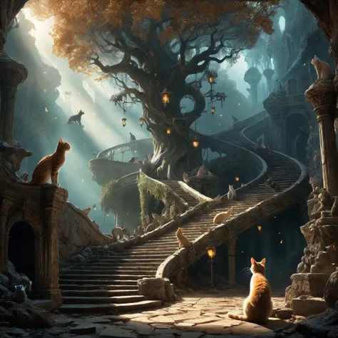 breathtaking A surreal quest for redemption,represented by a vast ((endless staircase winding through the underworld)),with cats climbing together toward a shining and elusive tree at the top. The scene blends elements of fantasy and reality,with barriers along the path symbolizing various god sins. The mood is dreadful yet challenging with ethereal lighting and magical symbols scattered throughout.,<lora:add-detail-xl:1>,panorama,majestic tree, . award-winning, professional, highly detailed