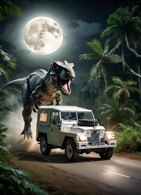 dinosaur chasing a white lghtwght land rover with a scared driver, high speed chase in the jungle, at night, lights, full moon, cinematic, dramatic light, in motion, motion blur,
 <lora:Lightweight_Land_Rover_SDXL:0.7>