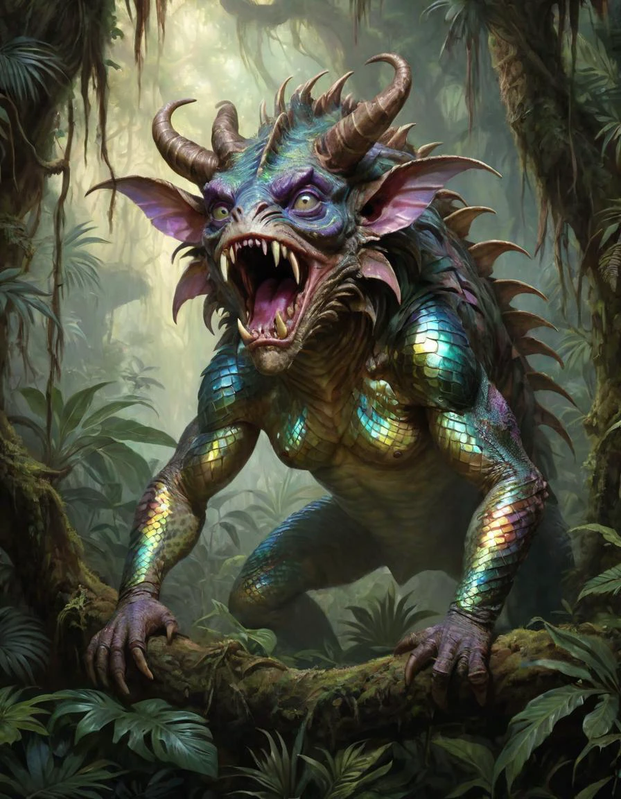 famous artwork by (april lee:1.3) and (asher brown durand:1.1) and (ron spencer:1.2), detailed expressive eyes, fantasy style, venturing into the heart of the dense jungle planet chuckleberry vi, the galactic explorer might encounter a majestic yet enigmatic confused mudpogger, its (iridescent scales:1.4) make it stand out in its environment, while the enormous horns on its sides pulse hypnotically with psorbified energy warning would-be predators of its dangerous poison
RAW photo, realistic texture, extremely detailed, absurdres, sharp focus, volumetric lighting, subsurface scattering