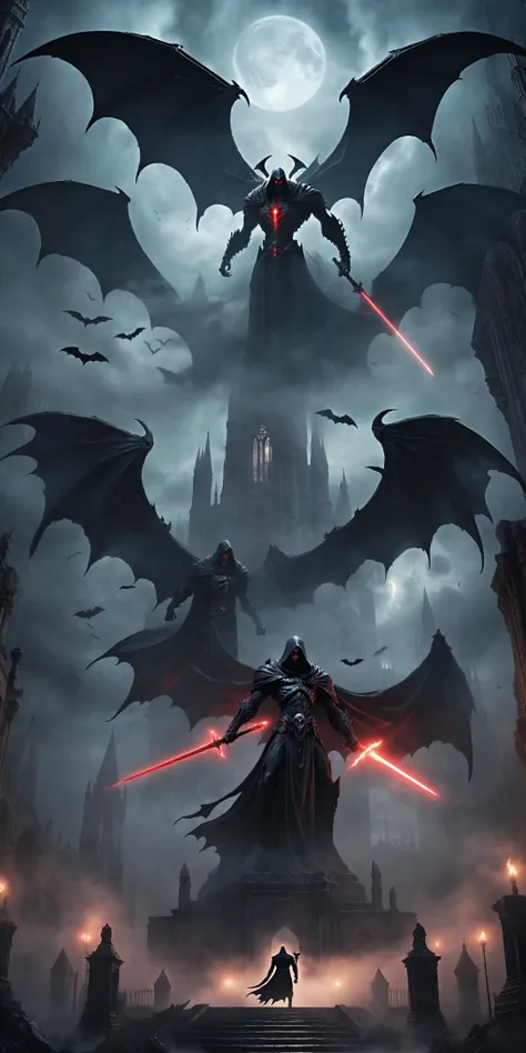 A photo of a (domineering reaper-like entity:1.3) with expansive dark wings, wielding a (glowing red sword:1.2), enshrouded in a mystical fog, (ominous crypt setting:1.1), lesser cloaked figures, foreboding atmosphere, towering Gothic architecture, flight of bats in the distance, high-resolution, Canon EOS 5D Mark IV, 1/320s, f/3.5, ISO 800, chilling narrative, RAW photography, professional grade,