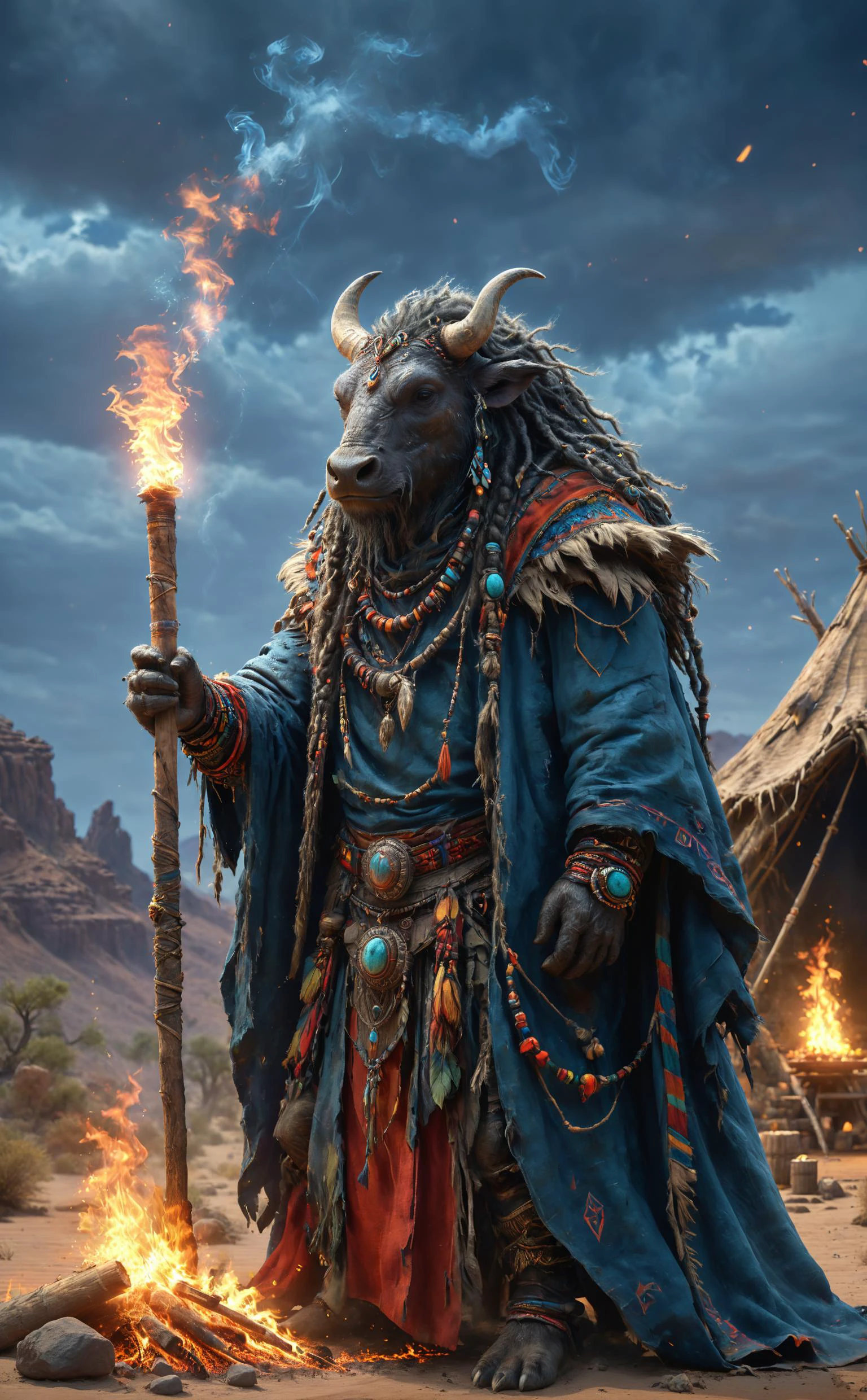 A old aged water buffalo from the western United States wearing a shaman's outfit and a hooded cloak that follows the spirits of nature, such as wind and fire, with a shaman stick and travel baggage in one hand, smoking a cigar in front of a bonfire and practicing shamanism. water buffalo hairstyle is dreads,
Break, A vast and clear night sky with various totems and bonfires in the background of a huge desert oasis shelter.
Break, full shot, cinematic lighting, dramtic Scene,High quality 3D rendering, fantasy, Pixar 3D character design style, ZBrush high-polygon modeling,
<lora:add-detail-xl:0.8>, <lora:xl_more_art-full_v1:0.5>, <lora:Fantasy_Wizard__Witches_SDXL:0.7>, hkmagic,