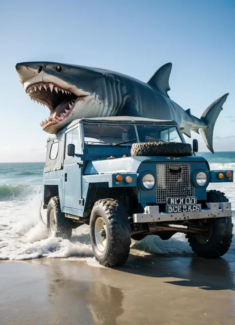 giant shark eating a blue lghtwght land rover, ocean, close to the beach, waves, sunshine, cinematic, dramatic light,
<lora:Lightweight_Land_Rover_SDXL:0.7>