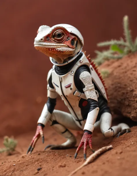 Isometric perspective, (hyperrealistic futuristic soldier lizard:1.3), (red skin:1.2), (astronaut helmet:1.2), brown gradient backdrop, cute demeanor, cinematic ambiance, (highly detailed:1.1), blend of nature and tech, intricate lizard patterns, MINI, zoomed out view, professional grade,
