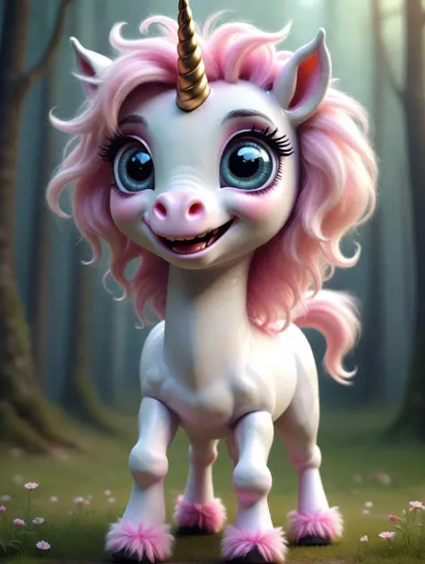 a realistic photo of a cute unicorn with long legs and big beautiful eyes, sweet smile, , long neck, fluffy, hairy, cinematic,